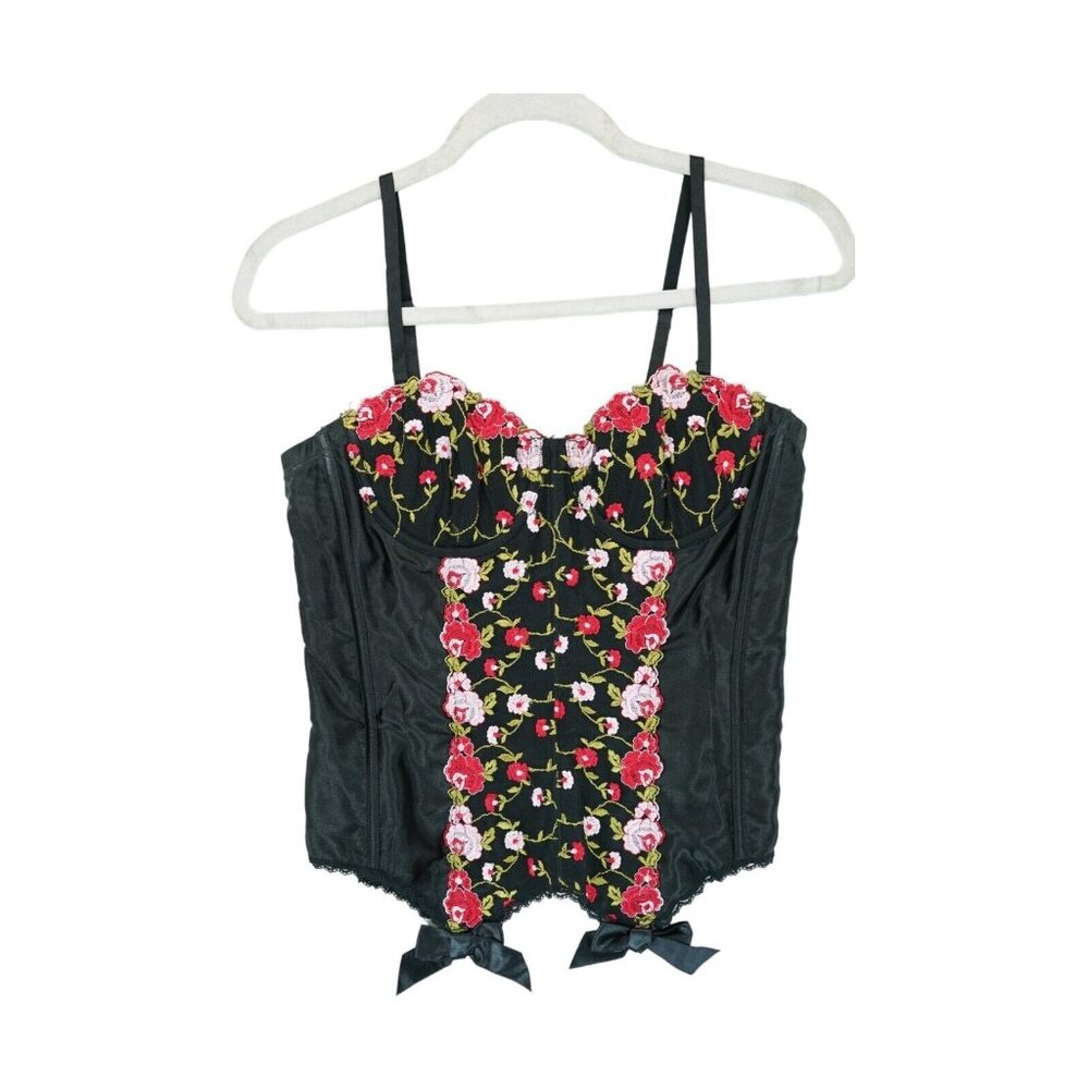 Vtg Fredericks Hollywood Longline Bustier Bra 28 Black Embroidered Goth Romantic